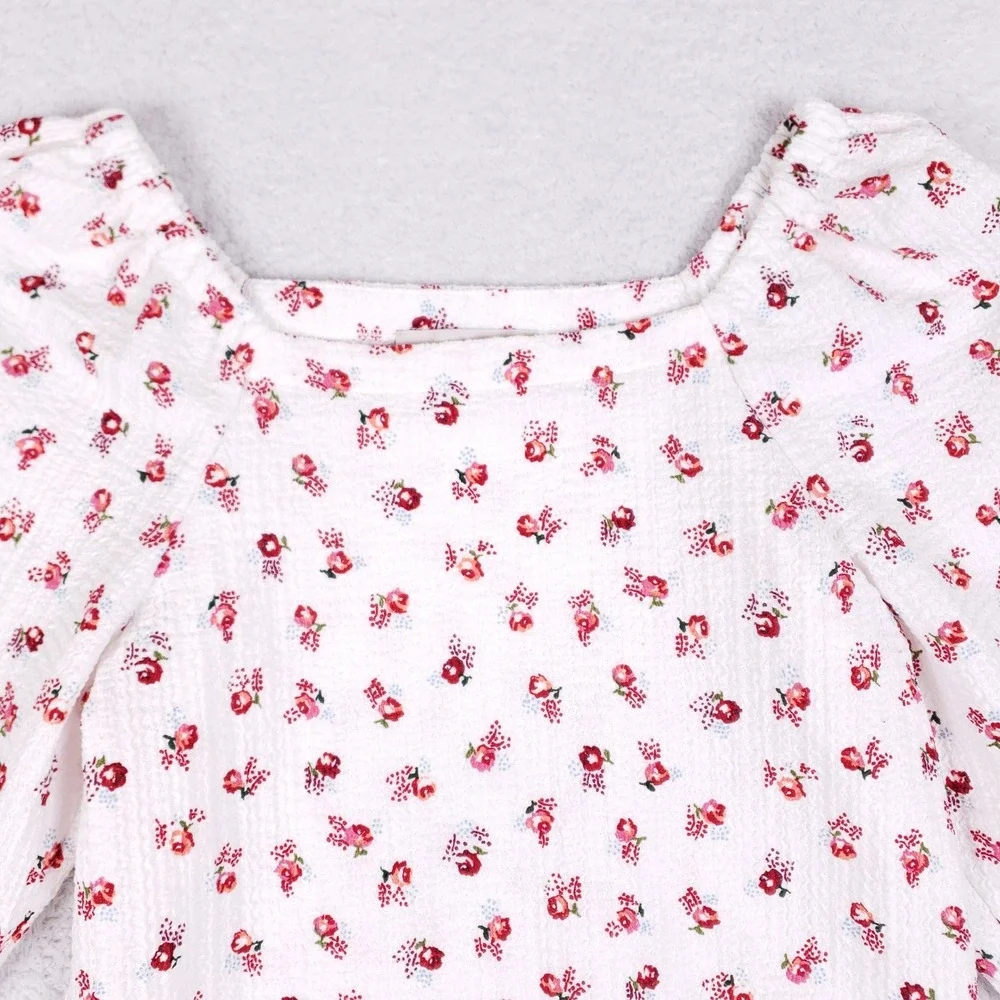 LOFT Blouse Womens Medium Square Neck Puff Sleeve Floral White Cottagecore‎ Boho